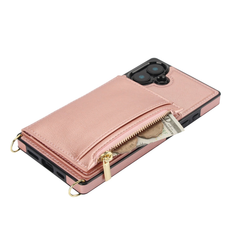 For iPhone 16 Plus Square Zipper Wallet Bag TPU+PU Back Cover Case(Rose Gold) - iPhone 16 Plus Cases by buy2fix | Online Shopping UK | buy2fix