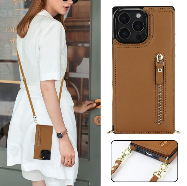 For iPhone 16 Pro Cross-body Zipper Square Phone Case(Brown) by buy2fix