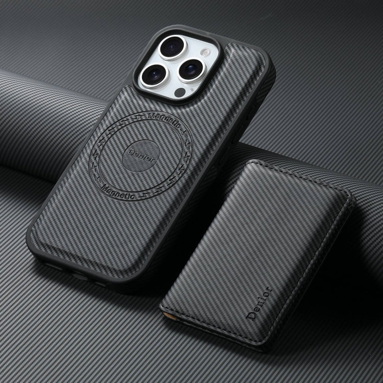 For iPhone 16 Pro Max Denior Carbon Fiber Texture Leather Card Bag MagSafe Phone Case(Black) by Denior