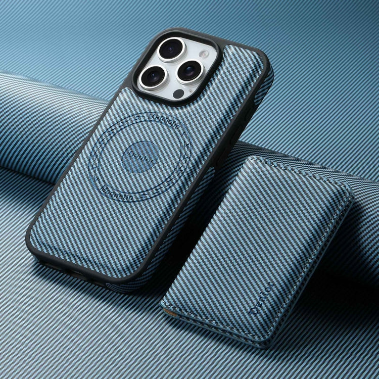For iPhone 16 Pro Max Denior Carbon Fiber Texture Leather Card Bag MagSafe Phone Case(Blue) by Denior