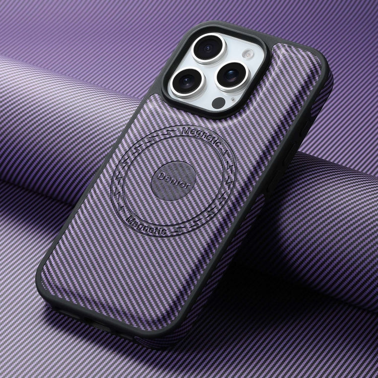 For iPhone 16 Pro Max Denior Carbon Fiber Texture Leather MagSafe Phone Case(Purple) by Denior