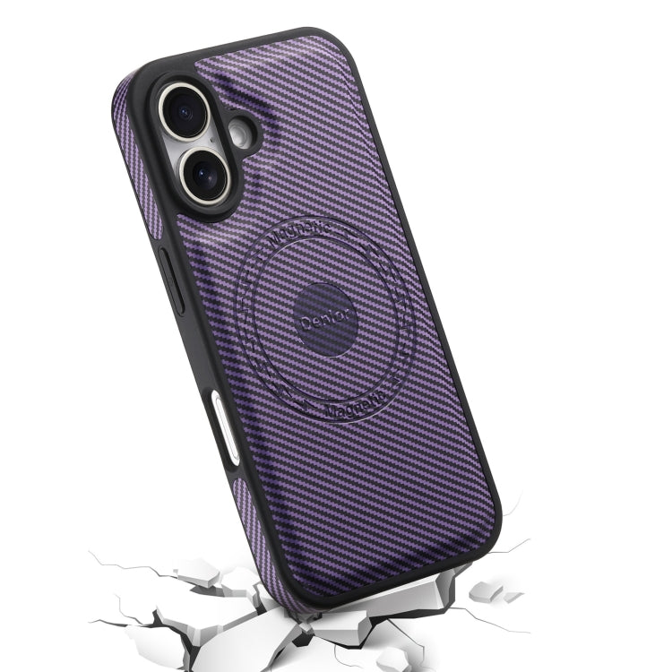 For iPhone 16 Denior Carbon Fiber Texture Leather MagSafe Phone Case(Purple) - iPhone 16 Cases by Denior | Online Shopping UK | buy2fix