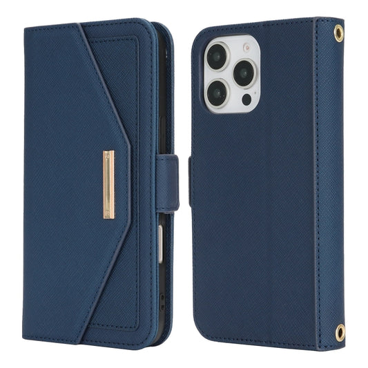 For iPhone 16 Pro Cross Texture Crossbody Lanyard Leather Phone Case(Blue) by buy2fix