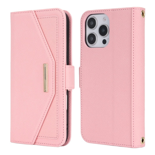 For iPhone 16 Pro Cross Texture Crossbody Lanyard Leather Phone Case(Pink) by buy2fix