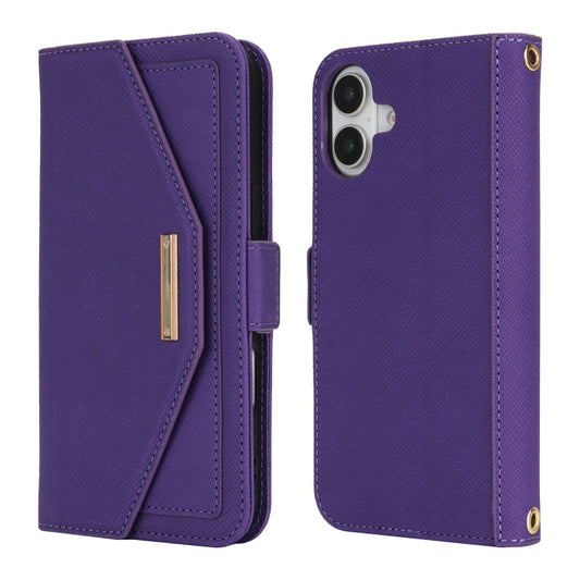 For iPhone 16 Plus Cross Texture Crossbody Lanyard Leather Phone Case(Purple) by buy2fix
