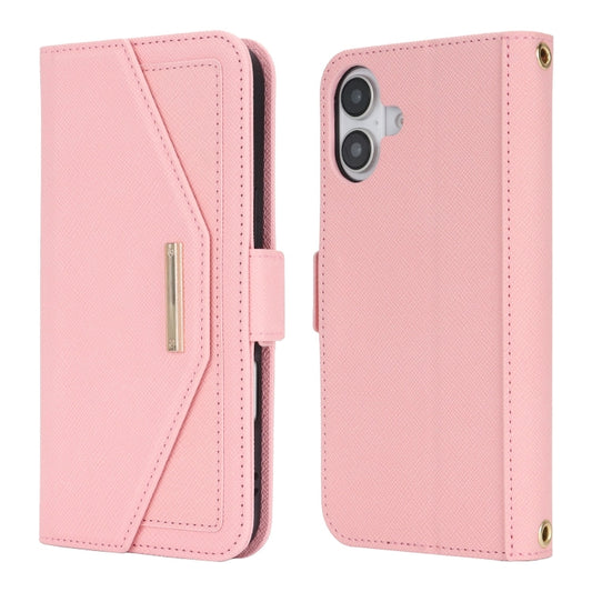 For iPhone 16 Plus Cross Texture Crossbody Lanyard Leather Phone Case(Pink) by buy2fix