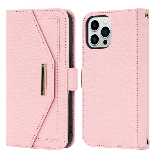 For iPhone 15 Pro Max Cross Texture Crossbody Lanyard Leather Phone Case(Pink) - iPhone 15 Pro Max Cases by buy2fix | Online Shopping UK | buy2fix