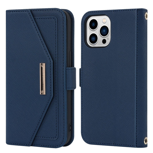 For iPhone 15 Pro Cross Texture Crossbody Lanyard Leather Phone Case(Blue) - iPhone 15 Pro Cases by buy2fix | Online Shopping UK | buy2fix