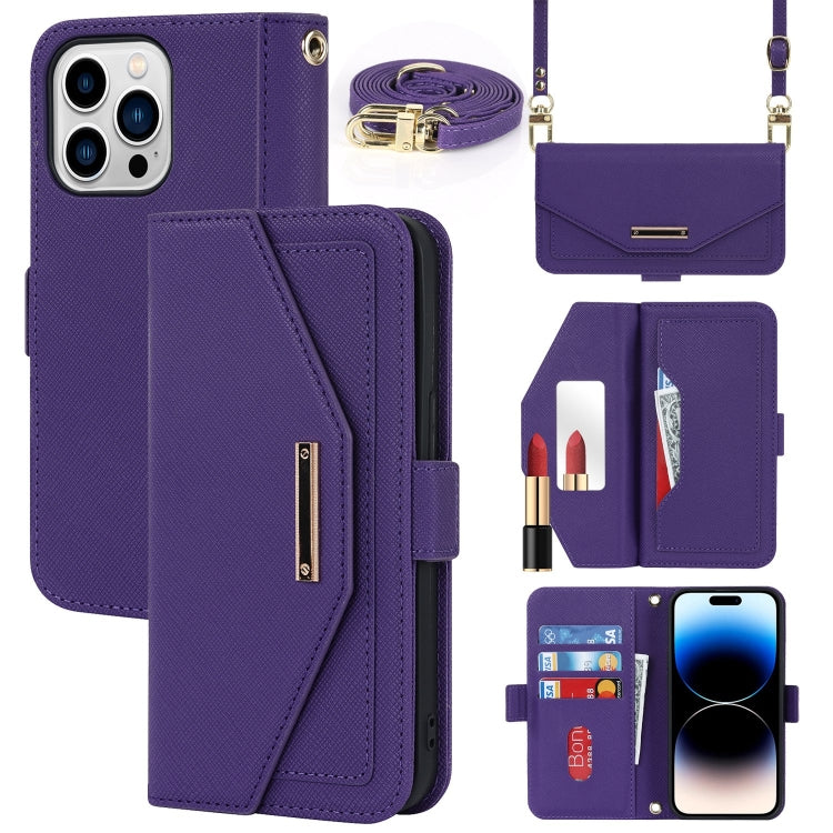 For iPhone 15 Pro Cross Texture Crossbody Lanyard Leather Phone Case(Purple) - iPhone 15 Pro Cases by buy2fix | Online Shopping UK | buy2fix