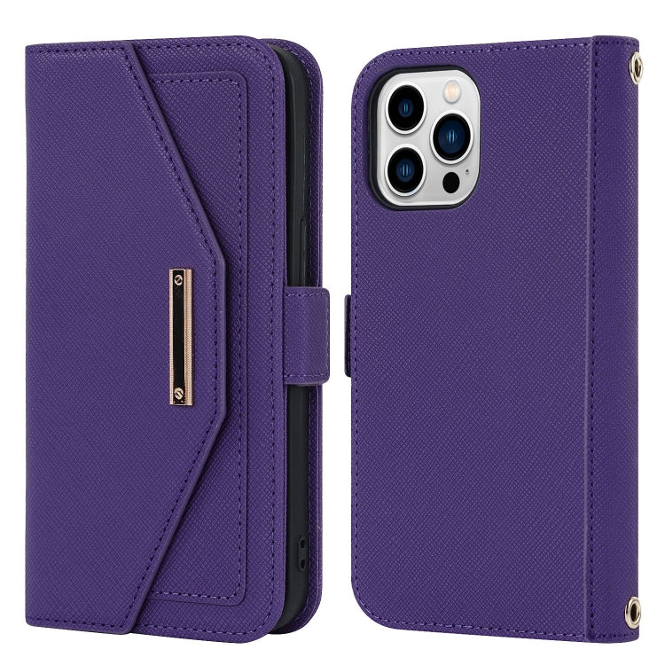 For iPhone 15 Pro Cross Texture Crossbody Lanyard Leather Phone Case(Purple) - iPhone 15 Pro Cases by buy2fix | Online Shopping UK | buy2fix
