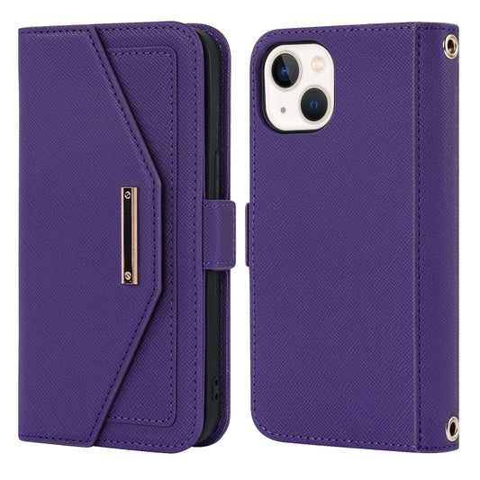 For iPhone 15 Plus Cross Texture Crossbody Lanyard Leather Phone Case(Purple) - iPhone 15 Plus Cases by buy2fix | Online Shopping UK | buy2fix