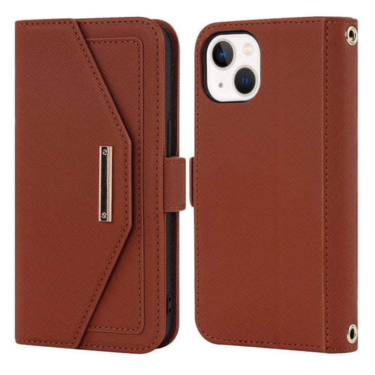 For iPhone 15 Cross Texture Crossbody Lanyard Leather Phone Case(Brown) - iPhone 15 Cases by buy2fix | Online Shopping UK | buy2fix