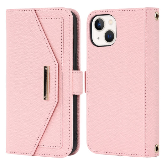 For iPhone 15 Cross Texture Crossbody Lanyard Leather Phone Case(Pink) - iPhone 15 Cases by buy2fix | Online Shopping UK | buy2fix