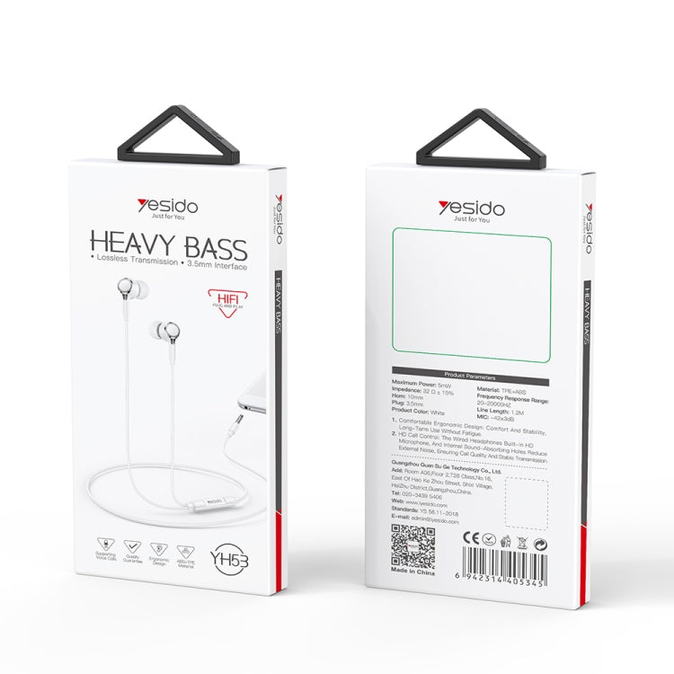 Yesido YH53 3.5mm In-Ear Wired Earphone, Length: 1.2m(White) - In Ear Wired Earphone by Yesido | Online Shopping UK | buy2fix