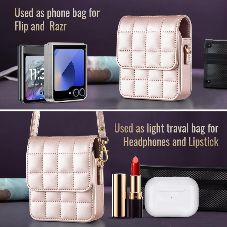 For Samsung Galaxy Z Flip6 BFB04 Plaid Crossbody Fold Phone Bag(Rose Gold) - by buy2fix | Online Shopping UK | buy2fix