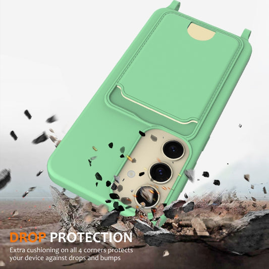 For Samsung Galaxy S25 5G Integrated Card Bag Solid Color Liquid Silicone Phone Case with Lanyard(Green) by buy2fix