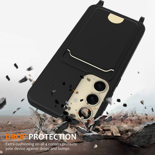 For Samsung Galaxy S25 5G Integrated Card Bag Solid Color Liquid Silicone Phone Case with Lanyard(Black) by buy2fix