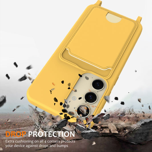 For Samsung Galaxy S25 5G Integrated Card Bag Solid Color Liquid Silicone Phone Case with Lanyard(Yellow) by buy2fix