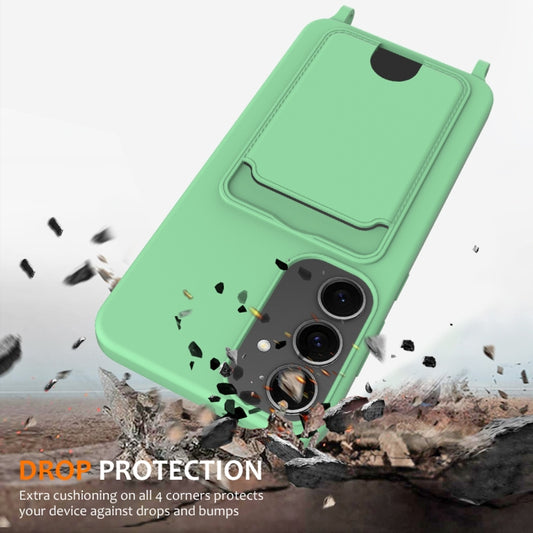 For Samsung Galaxy S25+ 5G Integrated Card Bag Solid Color Liquid Silicone Phone Case with Lanyard(Green) by buy2fix
