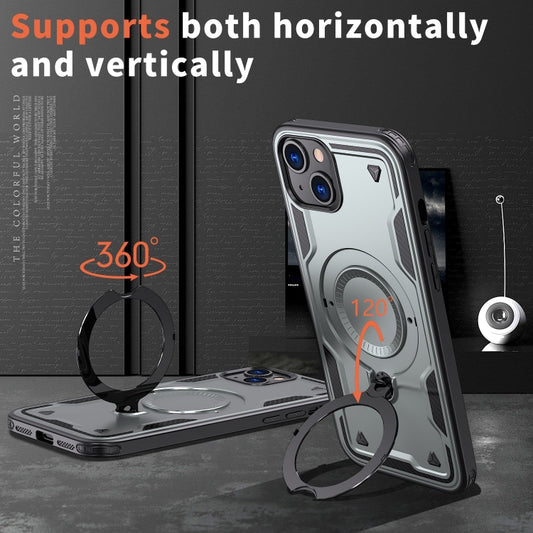 For iPhone 15 PC Hybrid TPU Armor MagSafe Ring Holder Phone Case(Grey) by buy2fix
