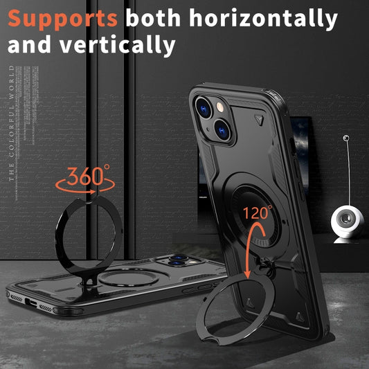 For iPhone 14 PC Hybrid TPU Armor MagSafe Ring Holder Phone Case(Black) by buy2fix