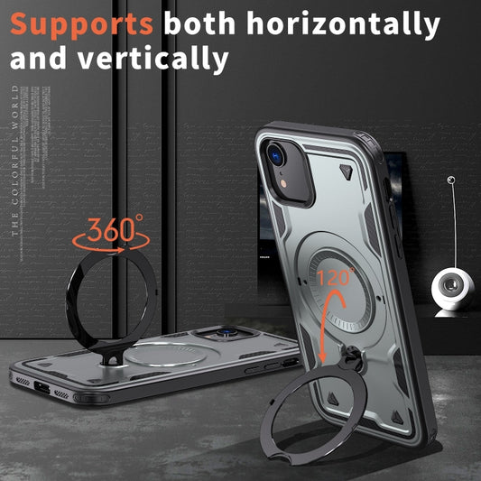 For iPhone XR PC Hybrid TPU Armor MagSafe Ring Holder Phone Case(Grey) by buy2fix