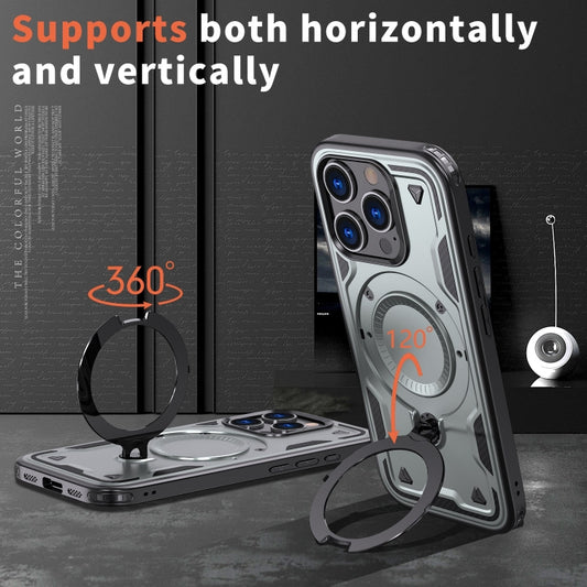 For iPhone 16 Pro PC Hybrid TPU Armor MagSafe Ring Holder Phone Case(Grey) by buy2fix