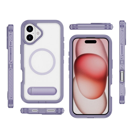 For iPhone 16 Plus Guard MagSafe Holder Matte PC Hybrid TPU Phone Case(Purple Transparent) by buy2fix