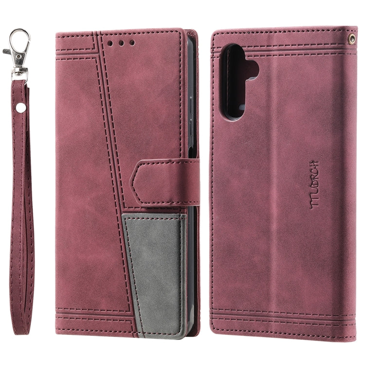 For Samsung Galaxy S25+ 5G TTUDRCH Embossed Line Splicing Leather Phone Case(Wine Red) - Galaxy S25+ 5G Cases by buy2fix | Online Shopping UK | buy2fix