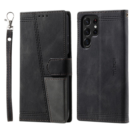 For Samsung Galaxy S25 Ultra 5G TTUDRCH Embossed Line Splicing Leather Phone Case(Black) by buy2fix