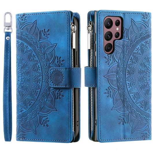 For Samsung Galaxy S25 Ultra 5G Multi-Card Totem Zipper Leather Phone Case(Blue) by buy2fix