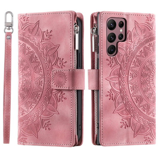 For Samsung Galaxy S25 Ultra 5G Multi-Card Totem Zipper Leather Phone Case(Pink) by buy2fix