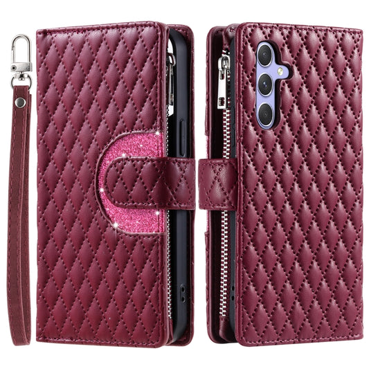 For Samsung Galaxy S25 5G Glitter Lattice Zipper Wallet Leather Phone Case(Wine Red) by buy2fix
