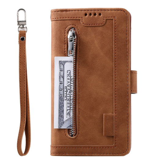 For Samsung Galaxy S25 5G Nine Card Zipper Bag Leather Phone Case with Lanyard(Brown) by buy2fix