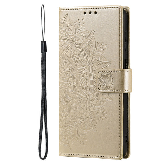 For Samsung Galaxy S25 Ultra 5G Totem Flower Embossed Leather Phone Case with Lanyard(Gold) by buy2fix