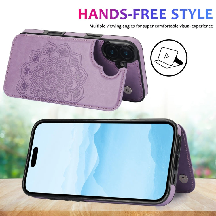 For iPhone 16 Plus Double Buckle Mandala Leather Wallet Back Cover Phone Case(Purple) by buy2fix