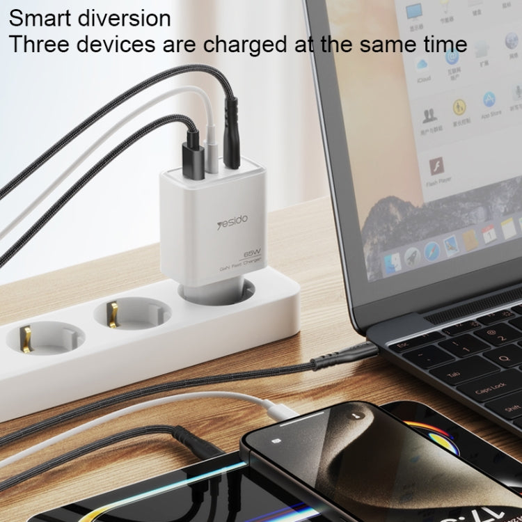 Yesido YC70 65W Type-C, USB, 8 Pin Reverse GaN Fast Charger with Type-C to 8 Pin Cable(EU Plug) - USB Charger by Yesido | Online Shopping UK | buy2fix