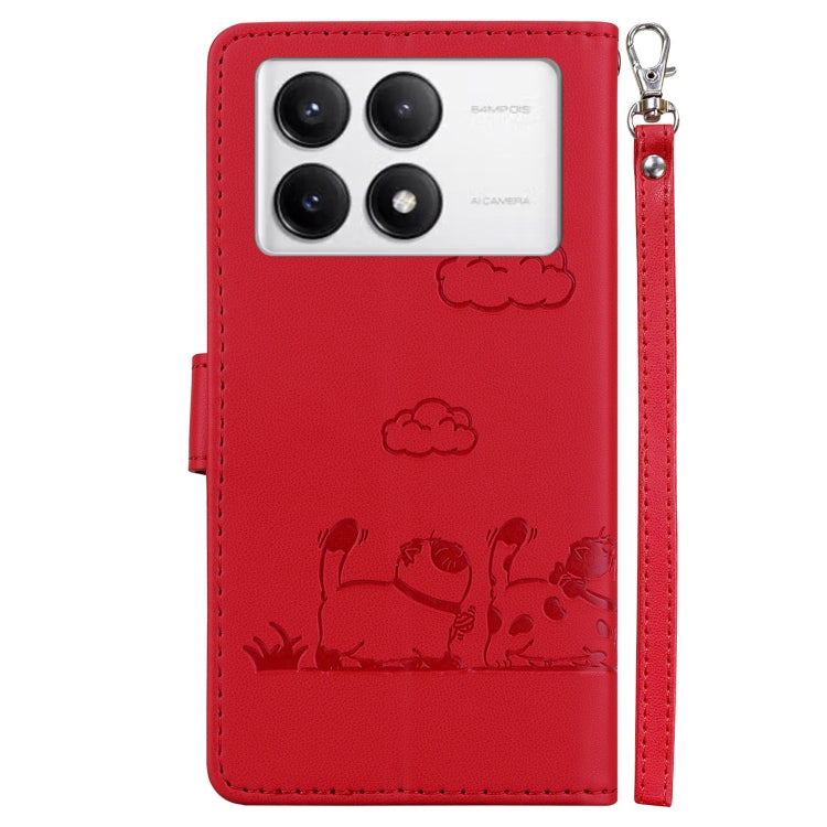 For Redmi K70 / K70 Pro Cute Cats RFID Leather Phone Case(Red) - Xiaomi Cases by buy2fix | Online Shopping UK | buy2fix