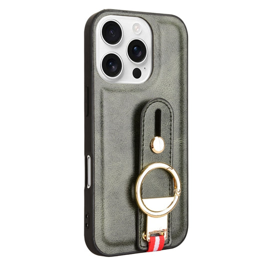 For iPhone 16 Pro Wristband Leather Back Phone Case(Green) by buy2fix