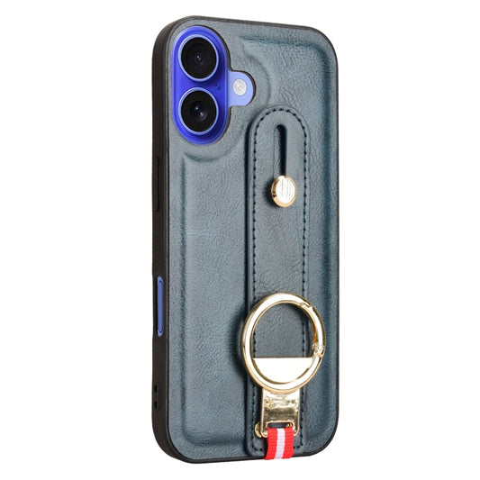 For iPhone 16 Plus Wristband Leather Back Phone Case(Blue) by buy2fix