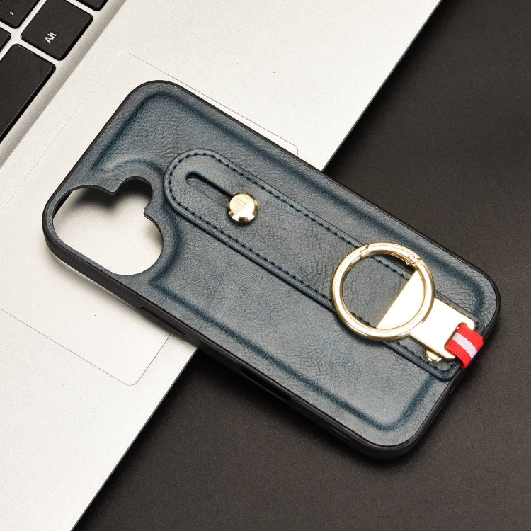 For iPhone 16 Wristband Leather Back Phone Case(Blue) by buy2fix