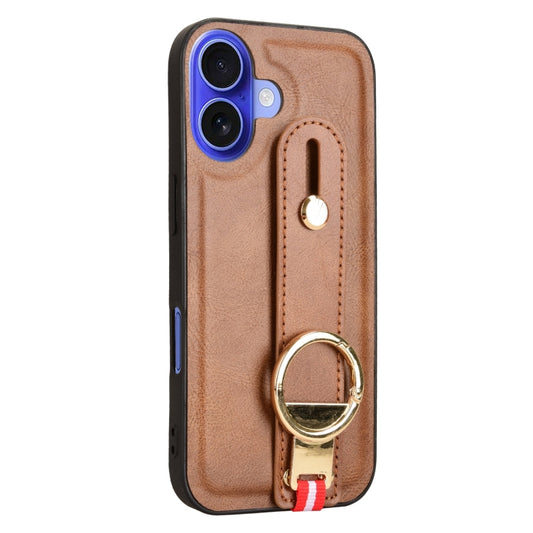 For iPhone 16 Wristband Leather Back Phone Case(Brown) by buy2fix