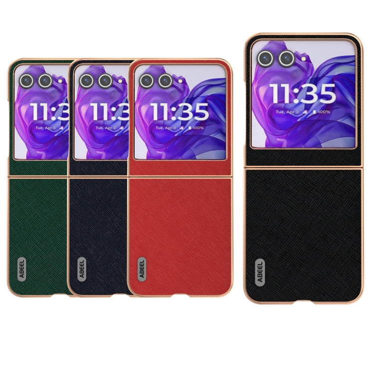 For Motorola Razr 50 ABEEL Electroplating Frame Cross Texture Genuine Leather Phone Case(Black) by buy2fix