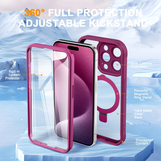 For iPhone 15 Pro Skin Feel MagSafe Holder 360 Full Body Phone Case(Rose Red) - iPhone 15 Pro Cases by buy2fix | Online Shopping UK | buy2fix