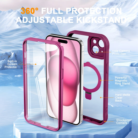 For iPhone 15 Skin Feel MagSafe Holder 360 Full Body Phone Case(Rose Red) - iPhone 15 Cases by buy2fix | Online Shopping UK | buy2fix