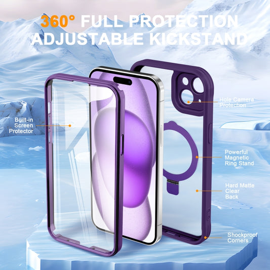 For iPhone 15 Skin Feel MagSafe Holder 360 Full Body Phone Case(Dark Purple) - iPhone 15 Cases by buy2fix | Online Shopping UK | buy2fix