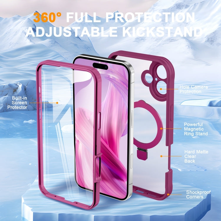 For iPhone 16 Plus Skin Feel MagSafe Holder 360 Full Body Phone Case(Rose Red) - iPhone 16 Plus Cases by buy2fix | Online Shopping UK | buy2fix