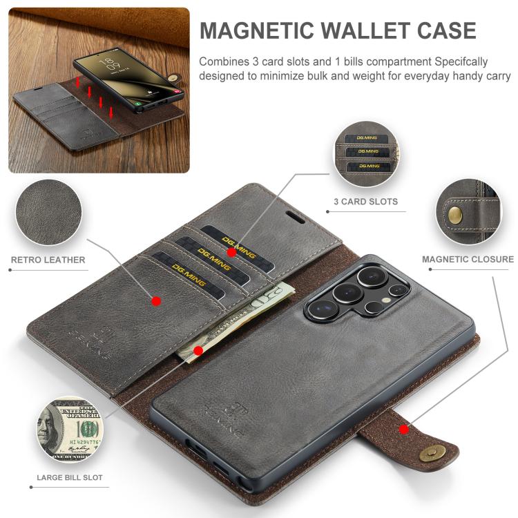 For Samsung Galaxy S25 Ultra 5G DG.MING Crazy Horse Texture Detachable Magnetic Leather Case(Grey) - Galaxy S25 Ultra 5G Cases by DG.MING | Online Shopping UK | buy2fix