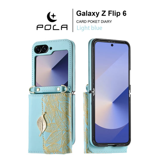 For Samsung Galaxy Z Flip6 / Flip7 FE POLA Multi-Card Slots Leaf Pattern Phone Case(Blue) - Galaxy Z Flip6 5G Cases by POLA | Online Shopping UK | buy2fix