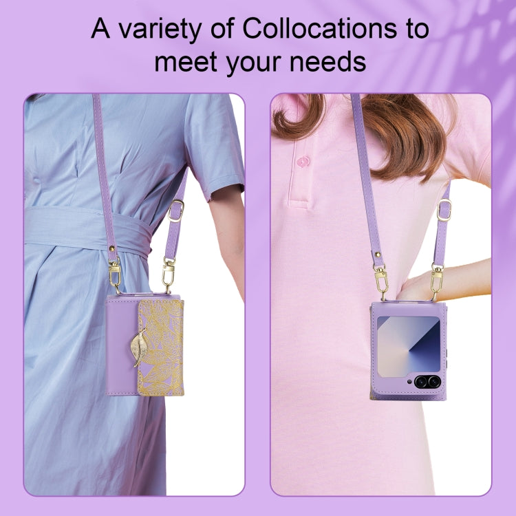 For Samsung Galaxy Z Flip6 / Flip7 FE POLA Multi-Card Slots Leaf Pattern Phone Case(Purple) - Galaxy Z Flip6 5G Cases by POLA | Online Shopping UK | buy2fix